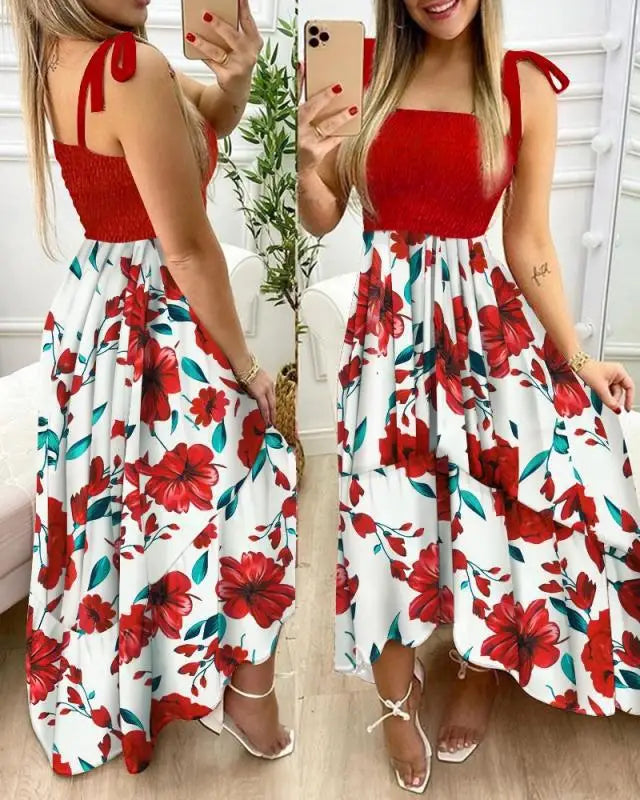 Vestido longo de verão com alças finas e estampa floral, casual, elegante