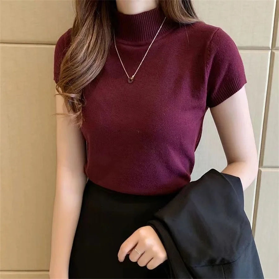 Blusas femininas, manga curta, tops de verão, gola alta, varias cores