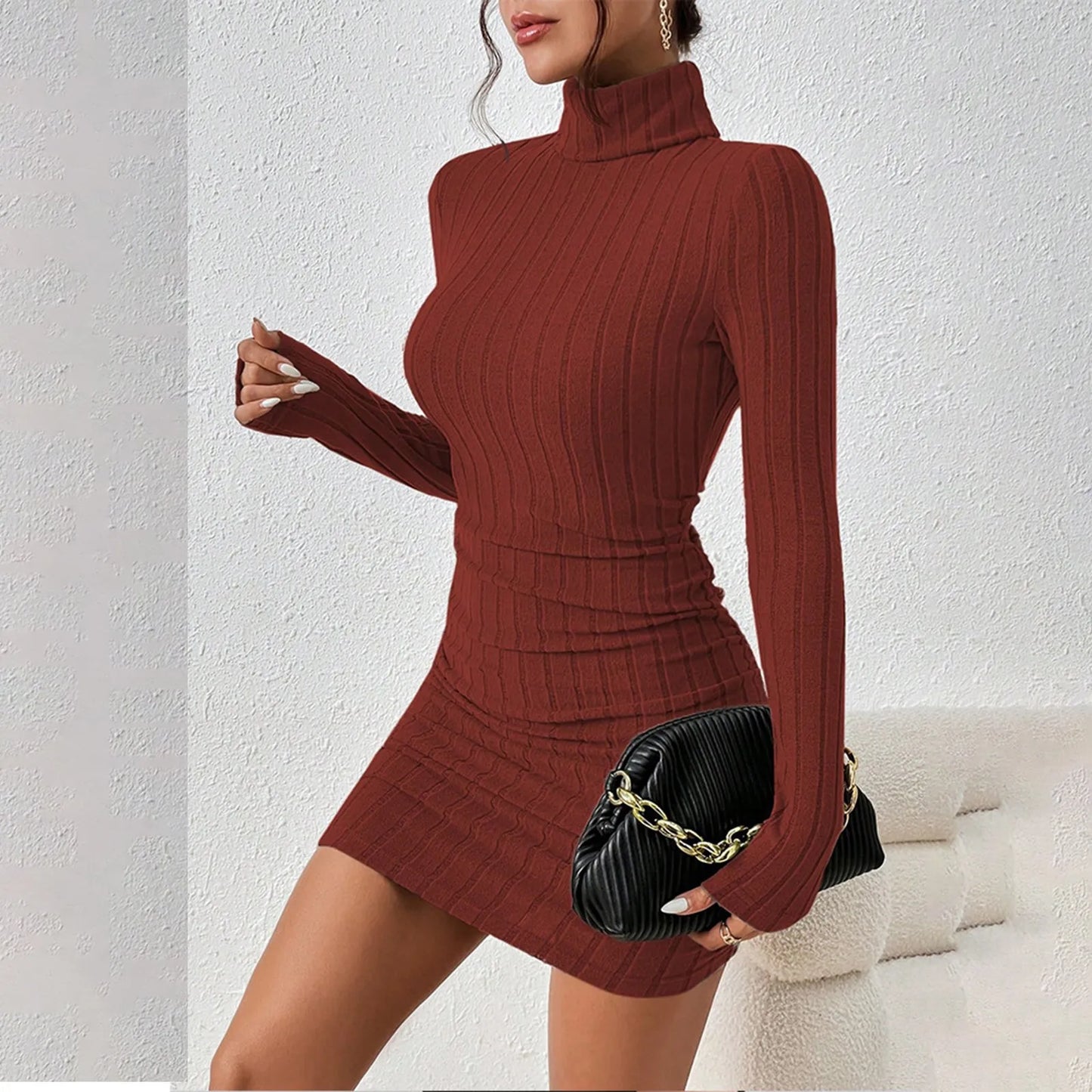 Vestido de malha feminino outono inverno gola alta manga comprida