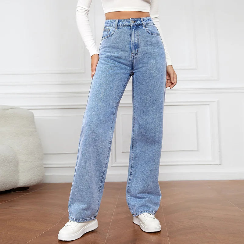 Calça jeans azul retrô da moda feminina, modelo Y2K, calça reta larga de cintura alta