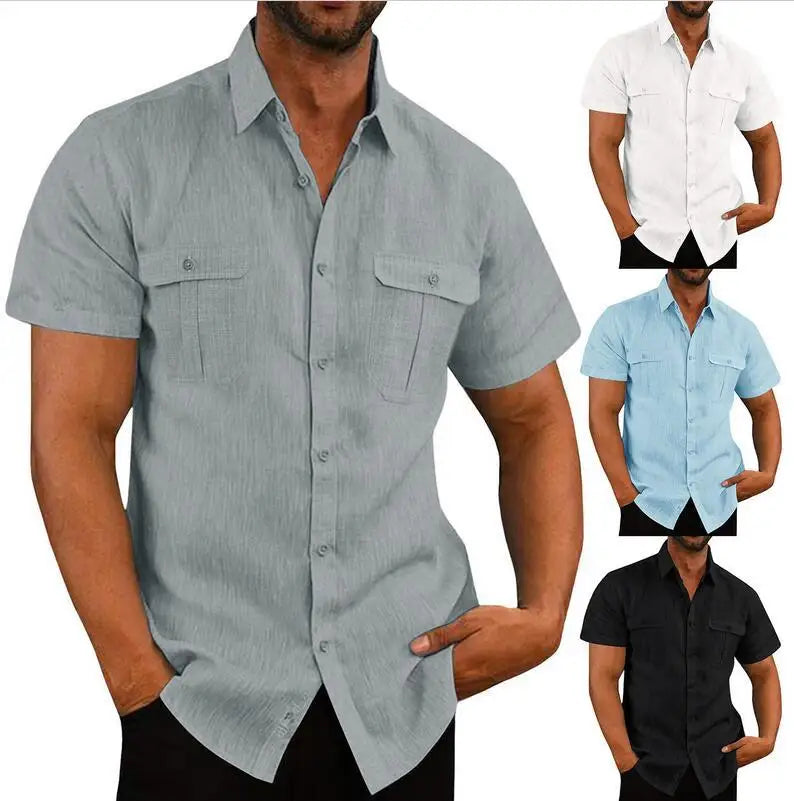 Camisas masculinas de manga curta, de algodão e linho, cor sólida, gola alta, casual