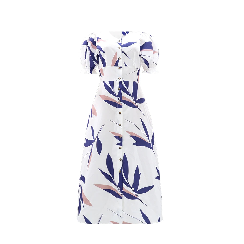 Vestido com estampa de folhas, abotoamento simples, elegante, decote em V, manga curta, primavera/verão