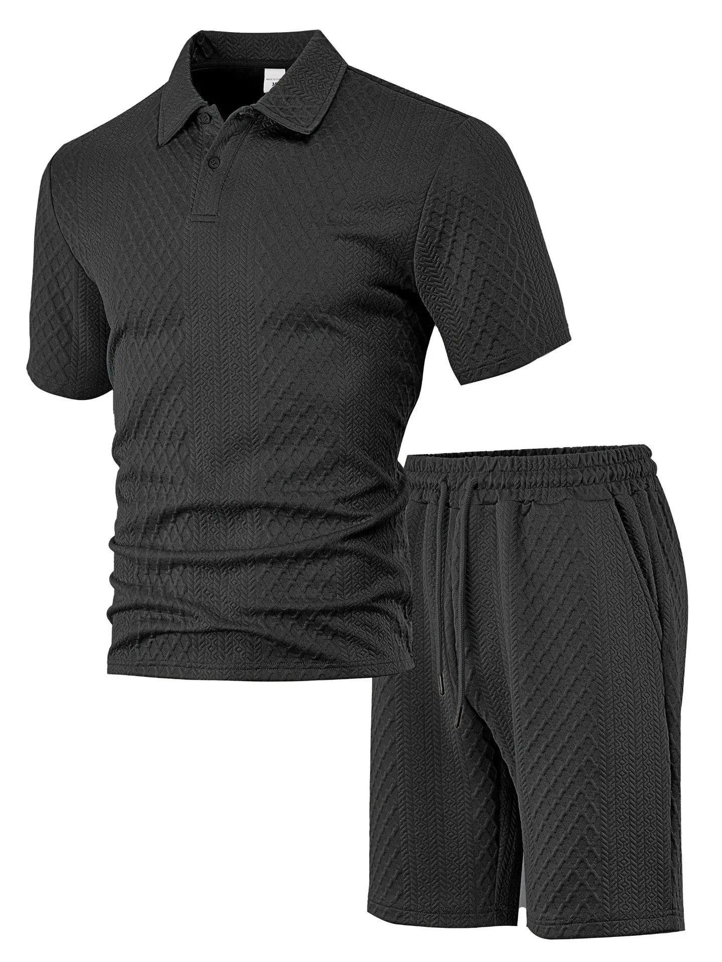 Novo conjunto de 2 peças de camisa polo esportiva fina masculina com estampa geométrica europeia de verão e tecido jacquard, manga curta e shorts
