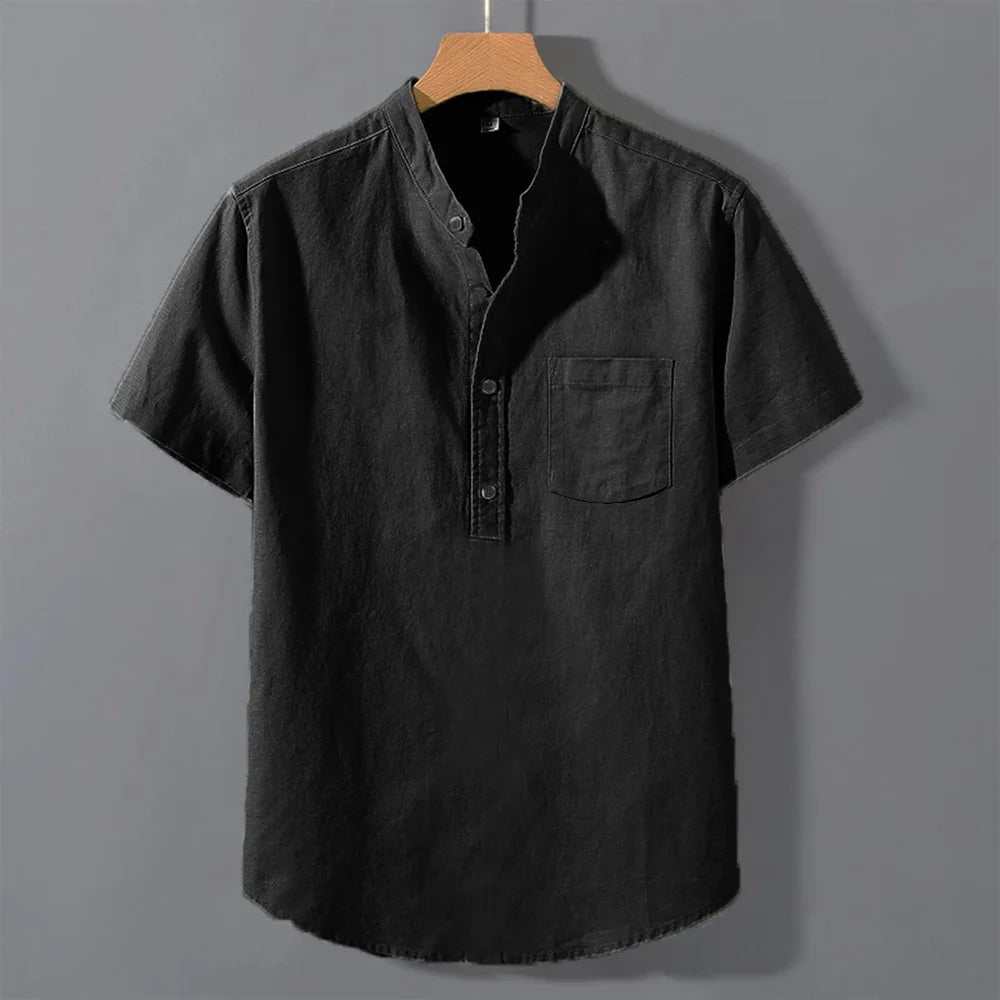 Camiseta masculina de verão, manga curta, cor sólida, com design de bolso, botões, uso diário, estilo simples e confortável