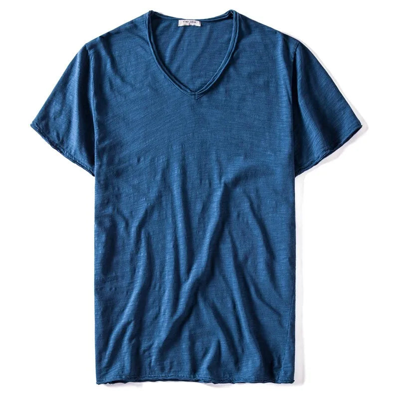 Nova camiseta masculina de verão 2025, gola V, 100% algodão penteado, manga curta