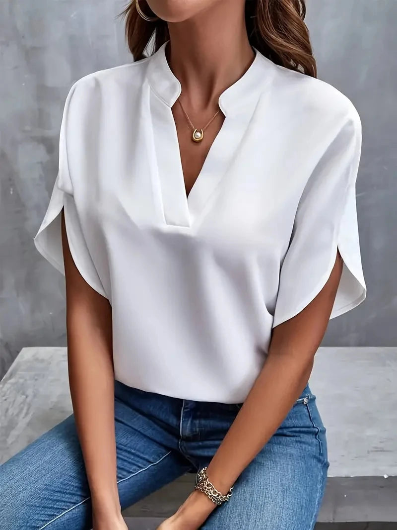 Blusa feminina elegante de chiffon liso primavera verão casual manga comprida gola V camisa solta túnica feminina