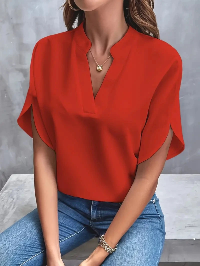 Blusa feminina elegante de chiffon liso primavera verão casual manga comprida gola V camisa solta túnica feminina