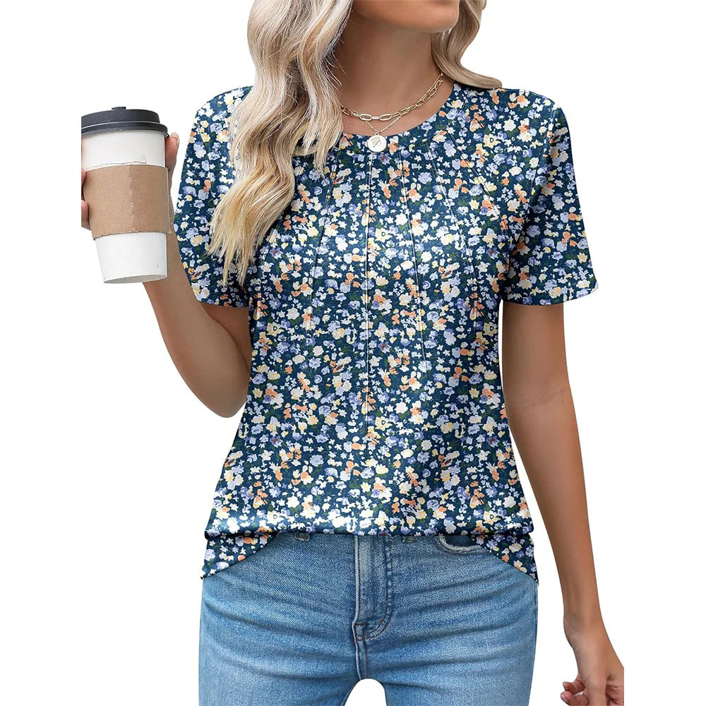 Blusas femininas casuais com gola redonda e manga curta plissadas