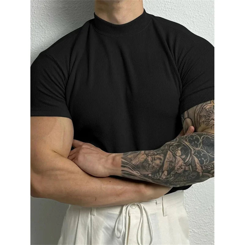 Camiseta masculina elástica confortável primavera verão, listrada de gola alta, manga curta