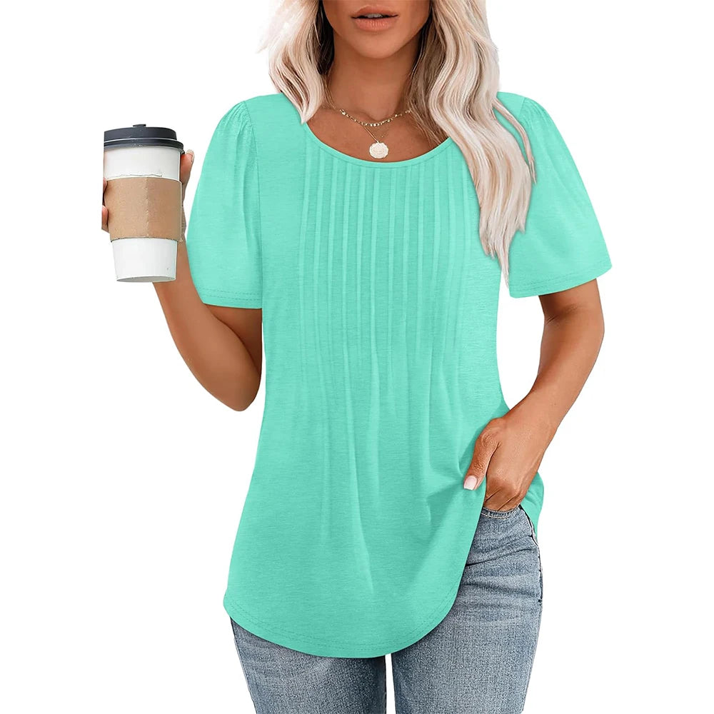 Camisetas femininas de manga curta, plissadas, elegantes, casuais, com decote redondo