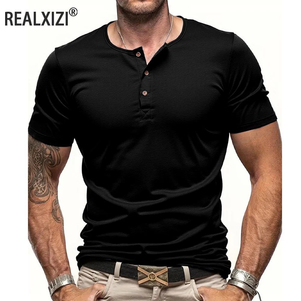 Camiseta masculina de manga curta com gola Henley, cor sólida, corte slim, gola com botão, camiseta casual e aconchegante, moda urbana
