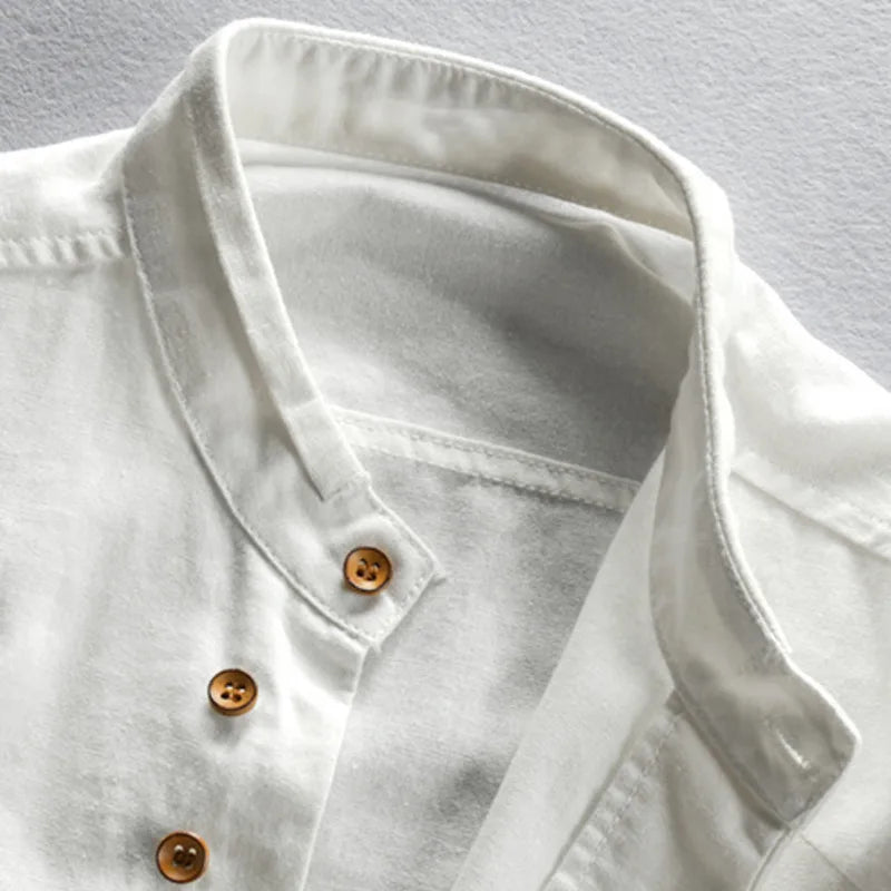 Camisa masculina de linho e algodão, gola alta, manga comprida, cor sólida, casual, respirável, clássica