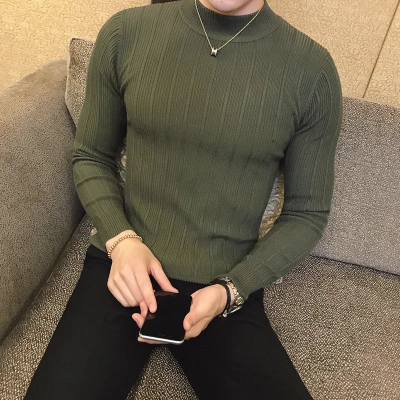 Men's Pullover Sweaters 2025 Korean Casual Striped Solid Sweater Men Half High Collar Stretch Tight Sweater Slim Fit Knit Tops