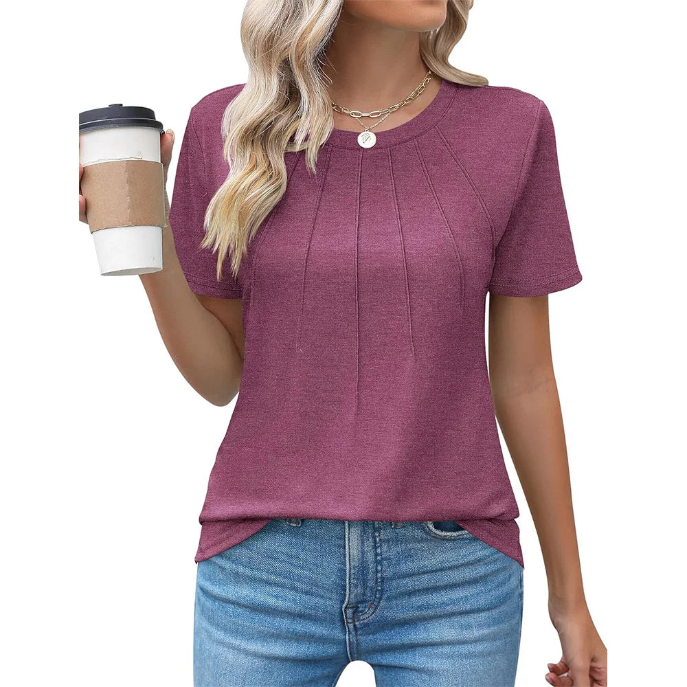 Blusas femininas casuais com gola redonda e manga curta plissadas