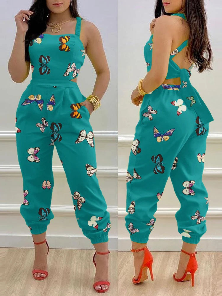 Novo macacão sem mangas estampado da moda de verão, vazado, sem costas, com cadarço, longo, elegante, casual, com bolso