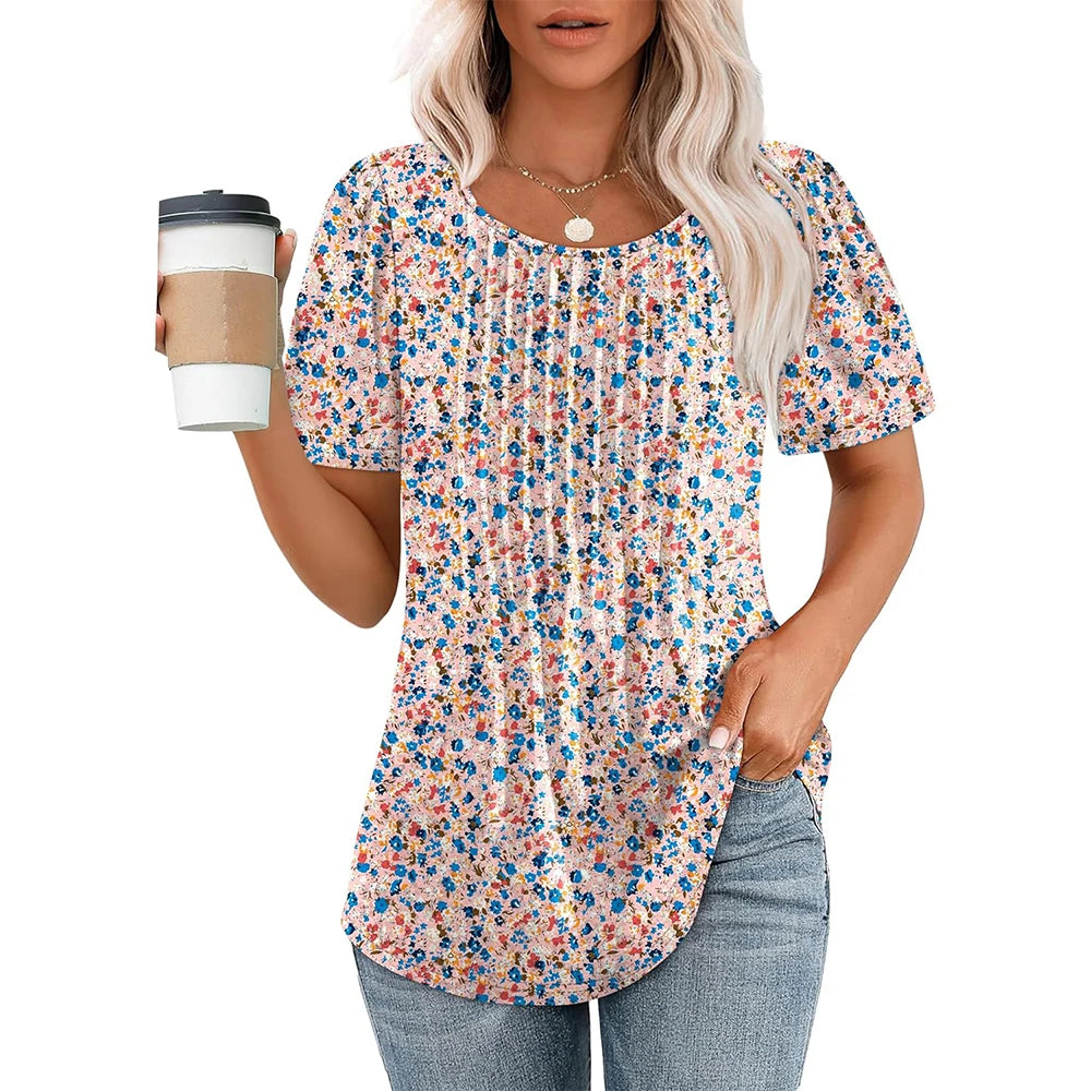 Camisetas femininas de manga curta, plissadas, elegantes, casuais, com decote redondo