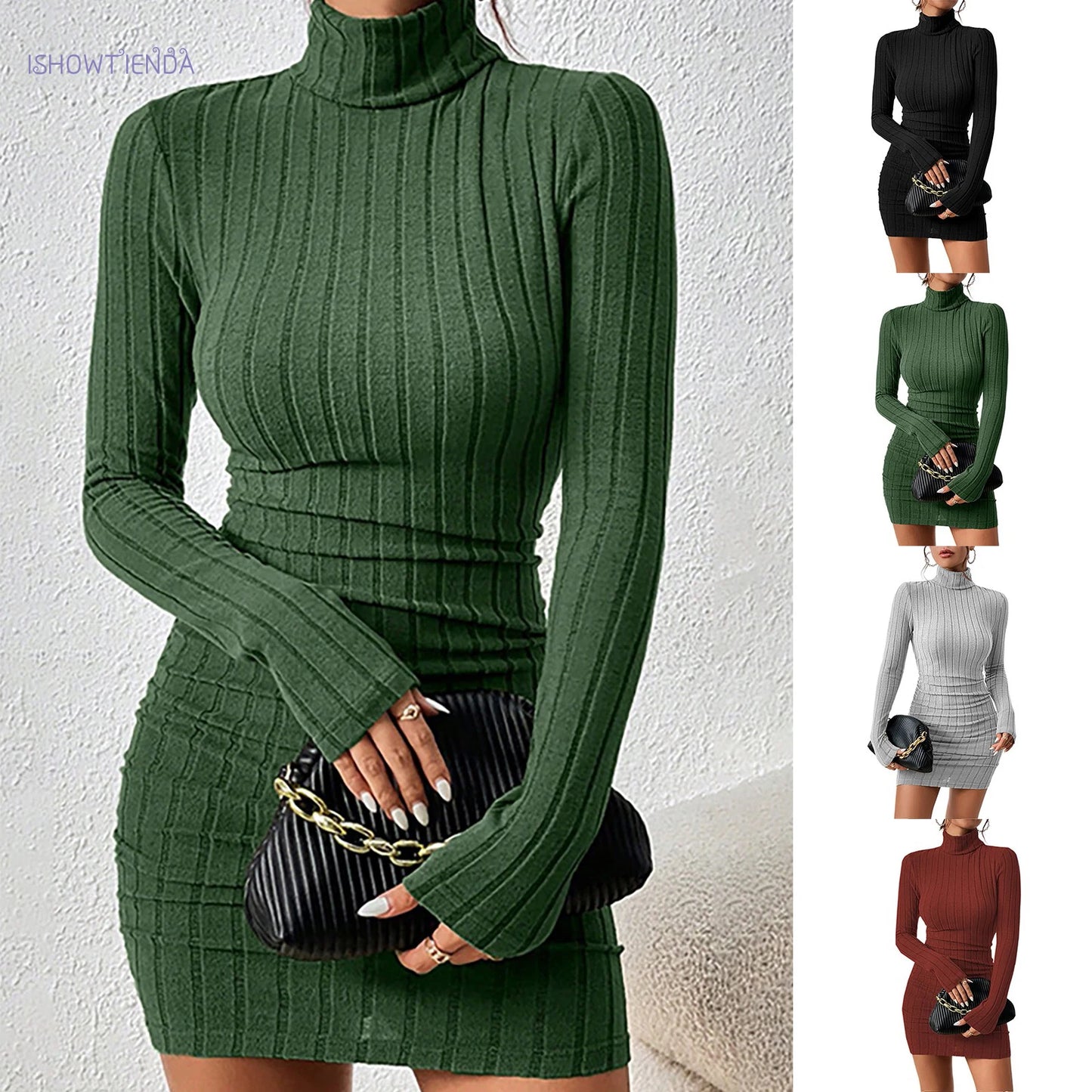 Vestido de malha feminino outono inverno gola alta manga comprida