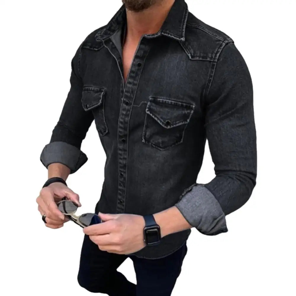 Camisas jeans masculinas de manga comprida, camisas casuais de abotoamento simples