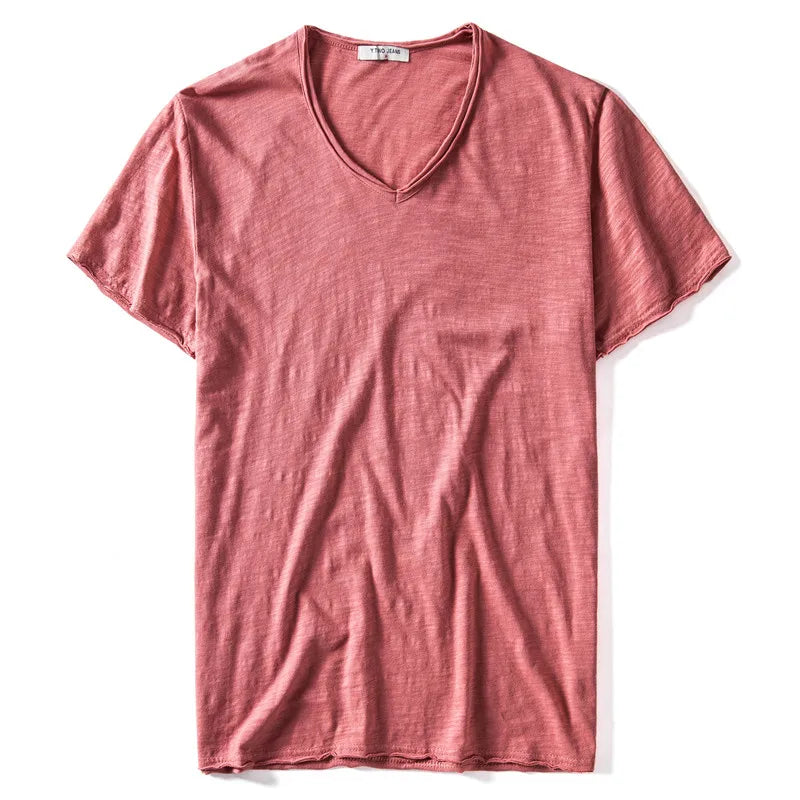 Nova camiseta masculina de verão 2025, gola V, 100% algodão penteado, manga curta