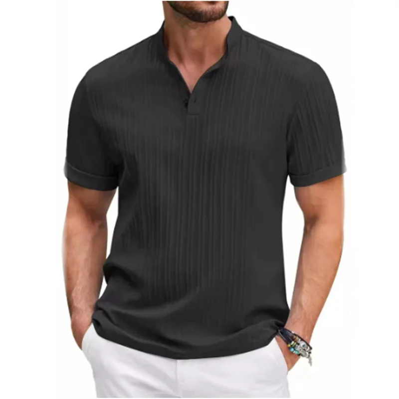 Camisa listrada de algodão e linho jacquard masculina, lapela, casual, confortável, manga curta