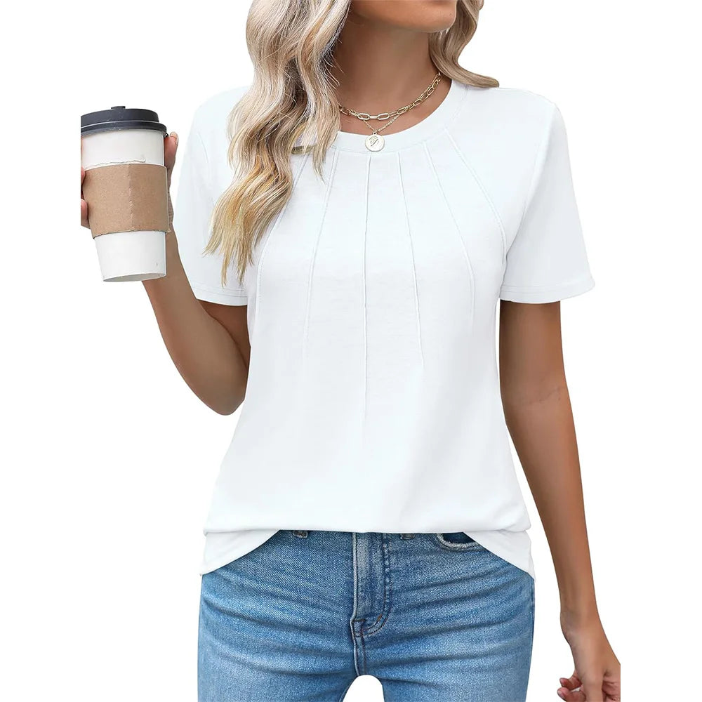 Blusas femininas casuais com gola redonda e manga curta plissadas