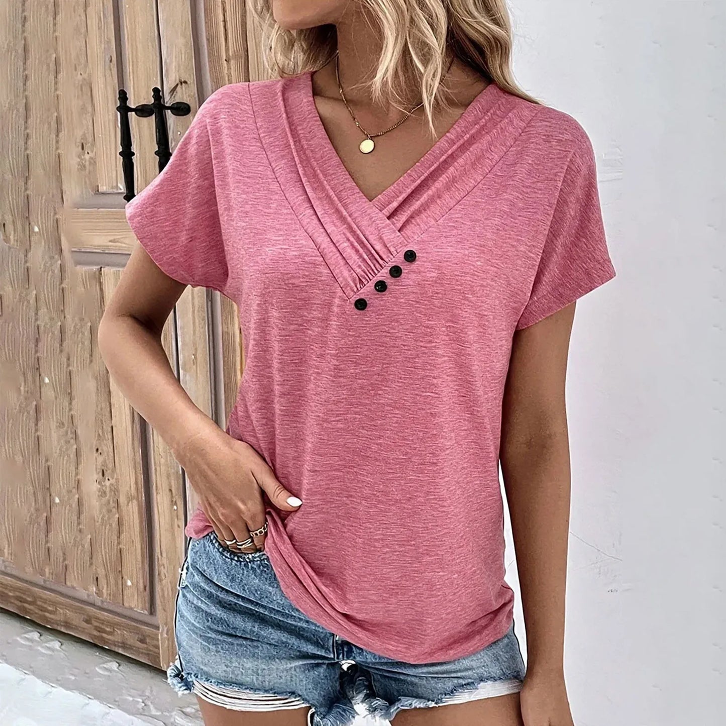 Camiseta feminina da moda, cor sólida, gola V, manga curta, básica, moda urbana, verão