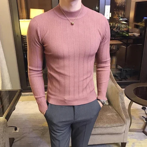 Men's Pullover Sweaters 2025 Korean Casual Striped Solid Sweater Men Half High Collar Stretch Tight Sweater Slim Fit Knit Tops