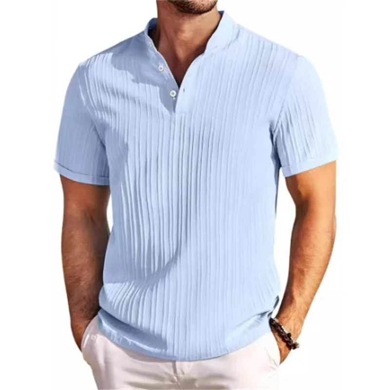 Camisa listrada de algodão e linho jacquard masculina, lapela, casual, confortável, manga curta