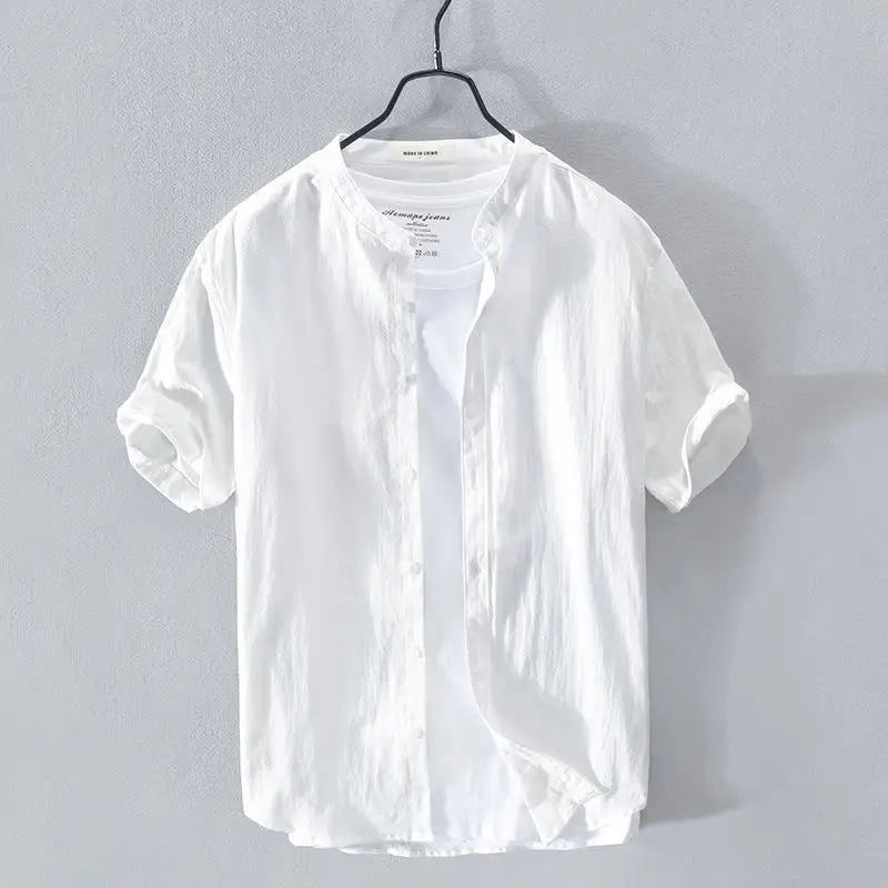 Camisa de linho masculina, manga curta, gola alta, ajuste solto, primavera/verão, leve, casual