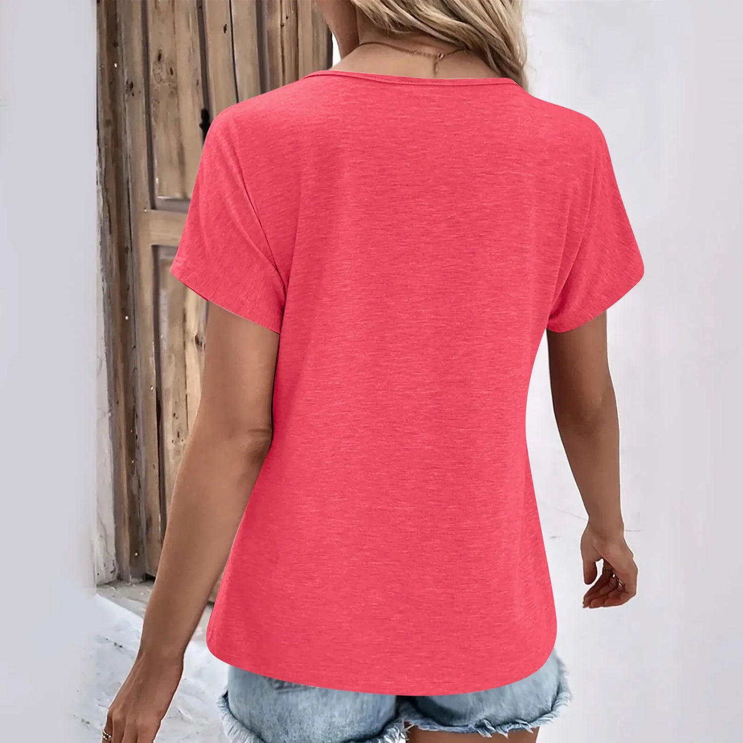 Camiseta feminina da moda, cor sólida, gola V, manga curta, básica, moda urbana, verão