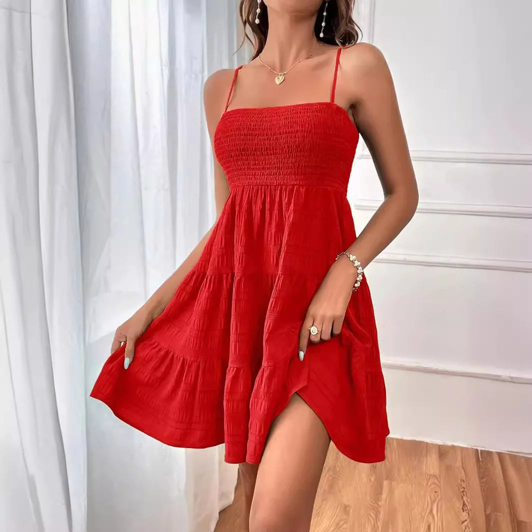 Vestido de praia boêmio feminino, sexy, sem mangas, costas nuas, grande, minivestido, liso, alça espaguete, babados