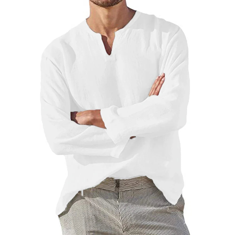 Camisa masculina de algodão e linho, cor sólida, aconchegante, manga comprida, respirável, casual de verão com decote em V