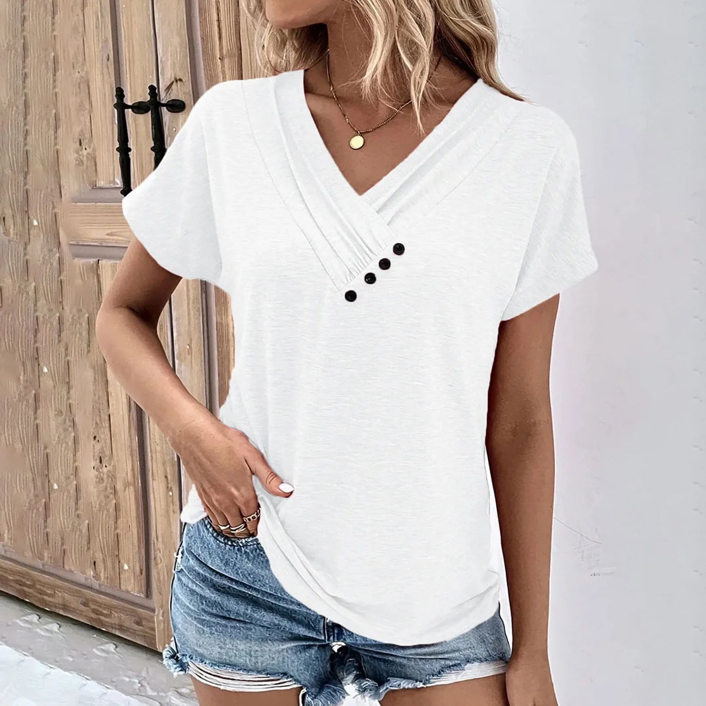 Camiseta feminina da moda, cor sólida, gola V, manga curta, básica, moda urbana, verão