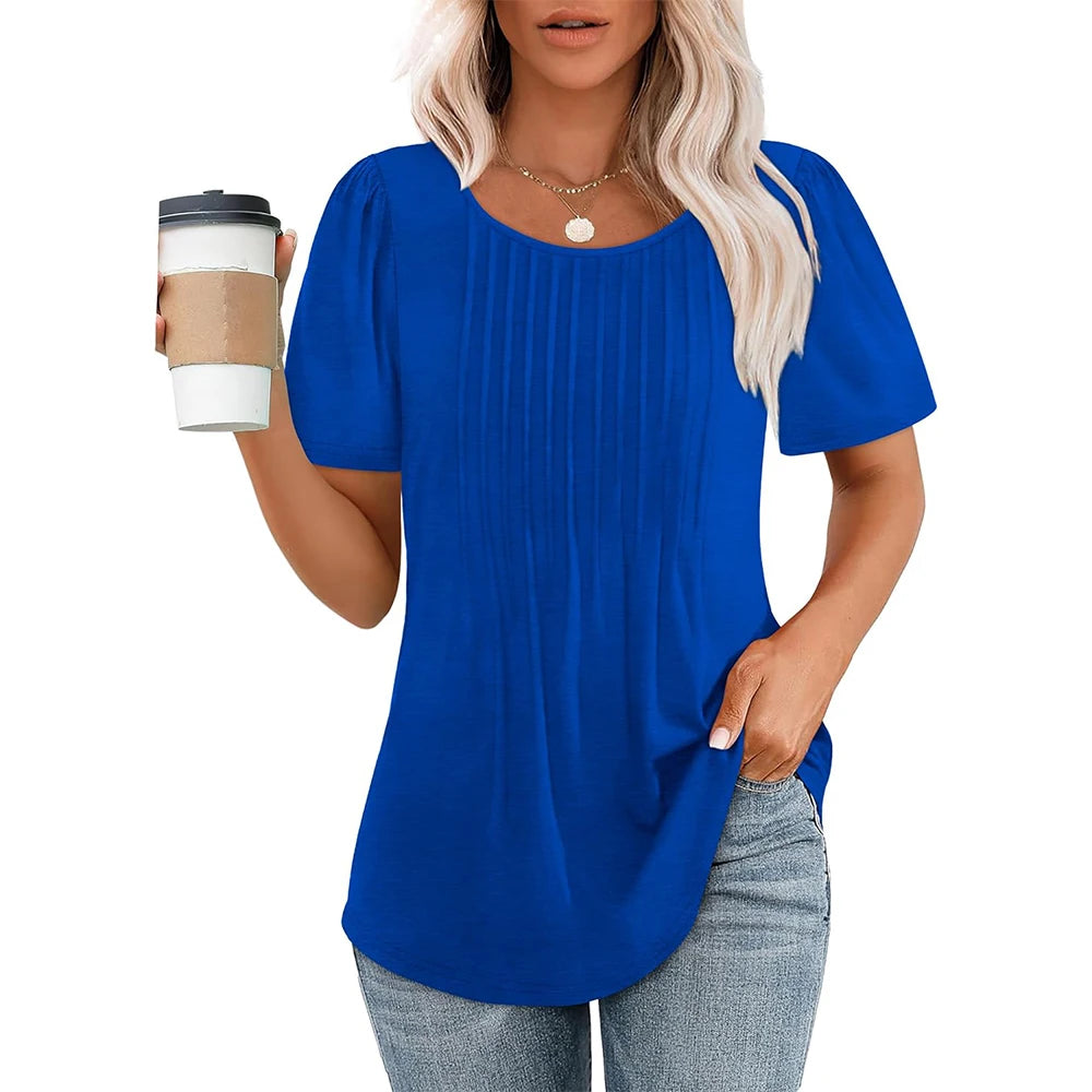 Camisetas femininas de manga curta, plissadas, elegantes, casuais, com decote redondo