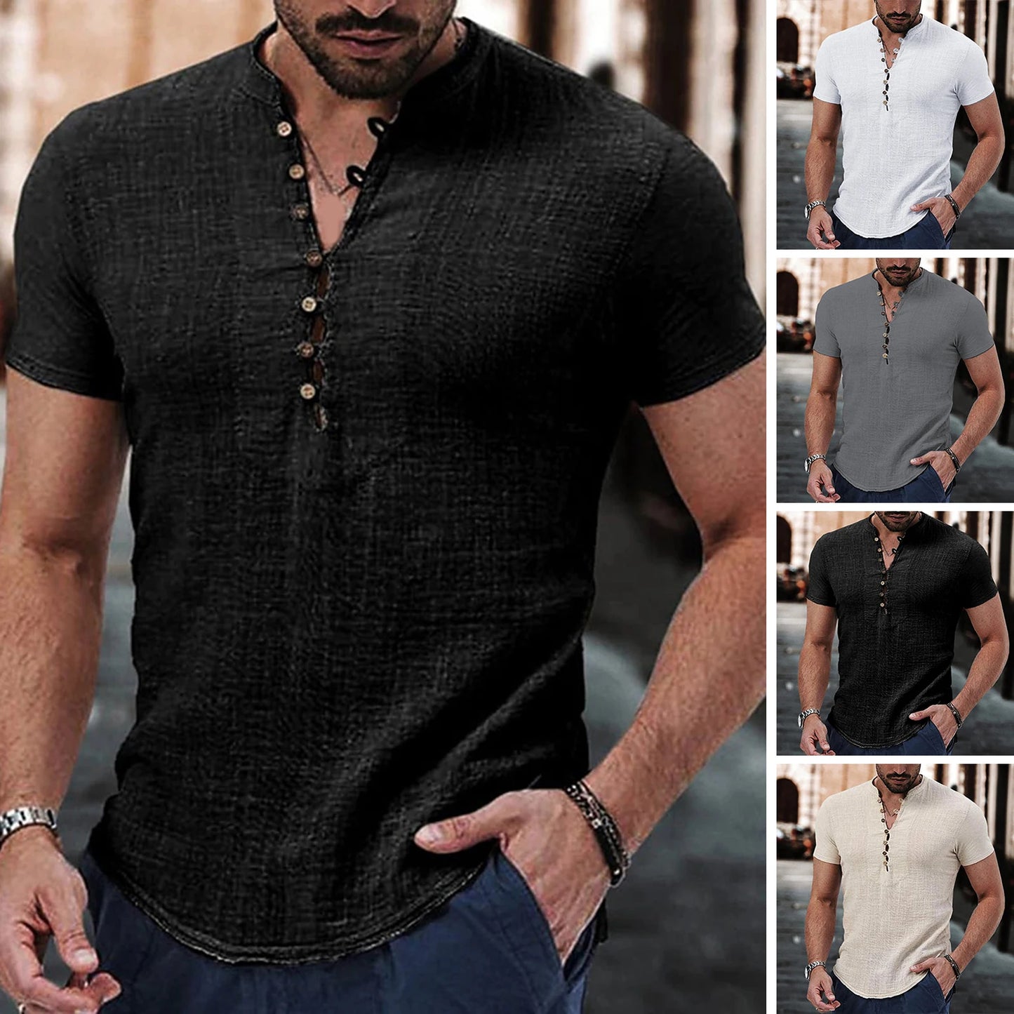Camiseta masculina de manga curta, nova, de cor sólida, de algodão e linho, respirável