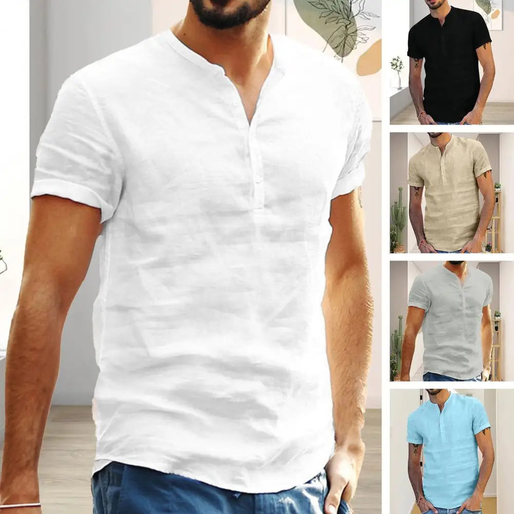 Camiseta masculina de manga curta, nova, de cor sólida, de algodão e linho, respirável