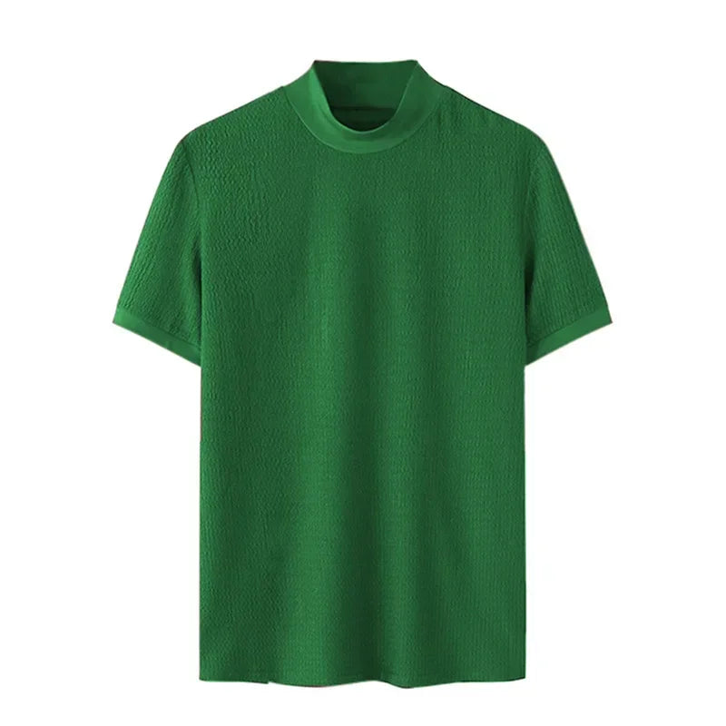 Camiseta masculina de malha, casual texturizada, meia gola alta, lisa, manga curta
