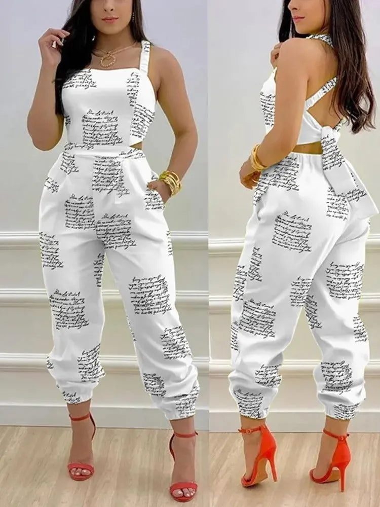 Novo macacão sem mangas estampado da moda de verão, vazado, sem costas, com cadarço, longo, elegante, casual, com bolso