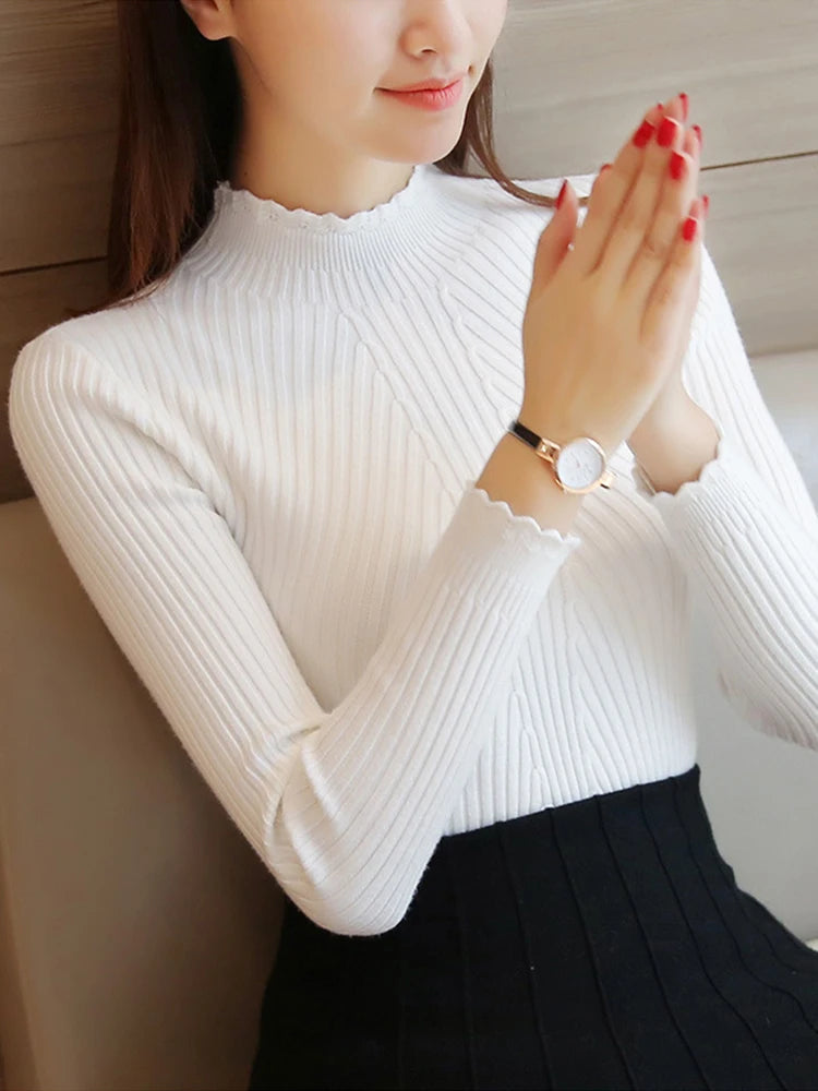 Suéter feminino de gola falsa com babados, manga comprida, tricô, cor sólida, listrado, casual, inverno, outono 2025