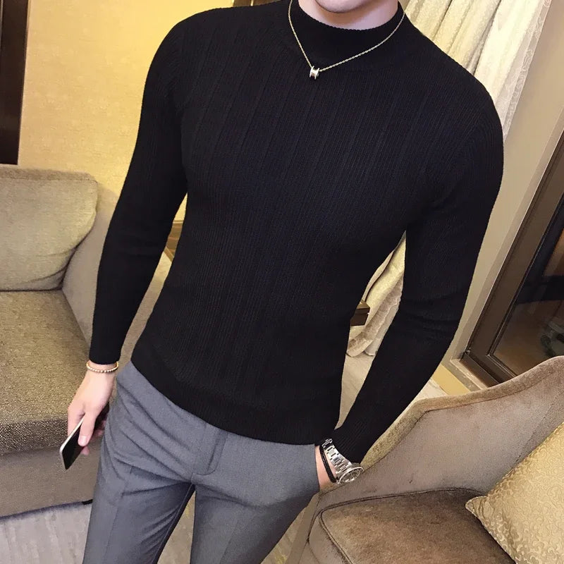 Men's Pullover Sweaters 2025 Korean Casual Striped Solid Sweater Men Half High Collar Stretch Tight Sweater Slim Fit Knit Tops