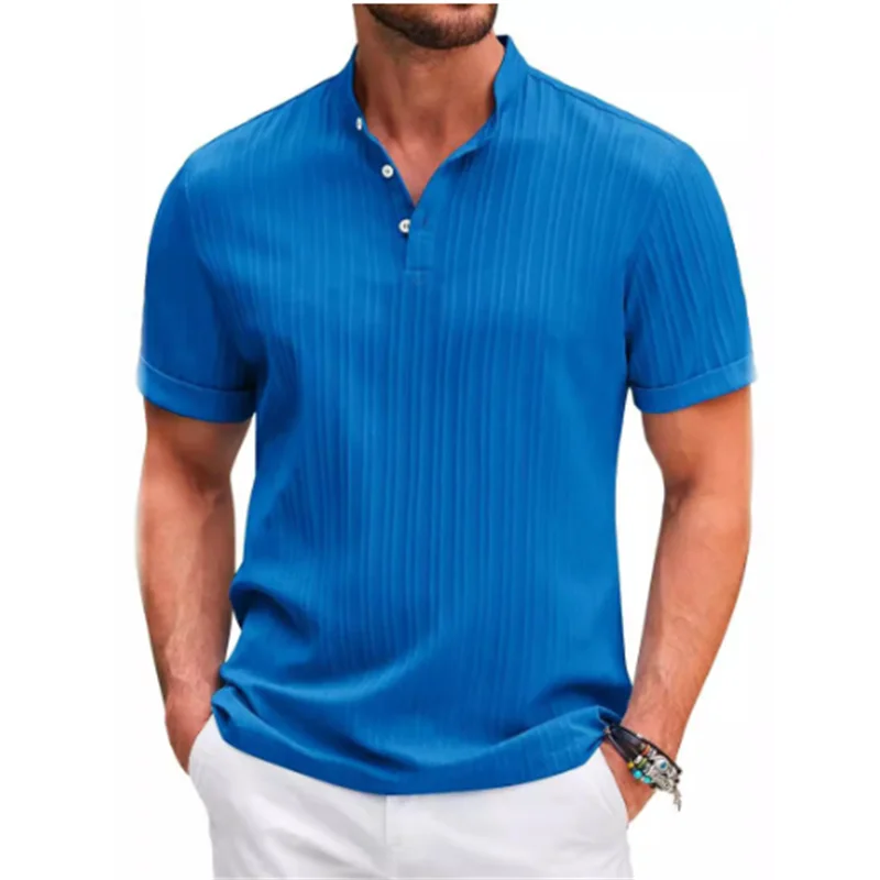 Camisa listrada de algodão e linho jacquard masculina, lapela, casual, confortável, manga curta