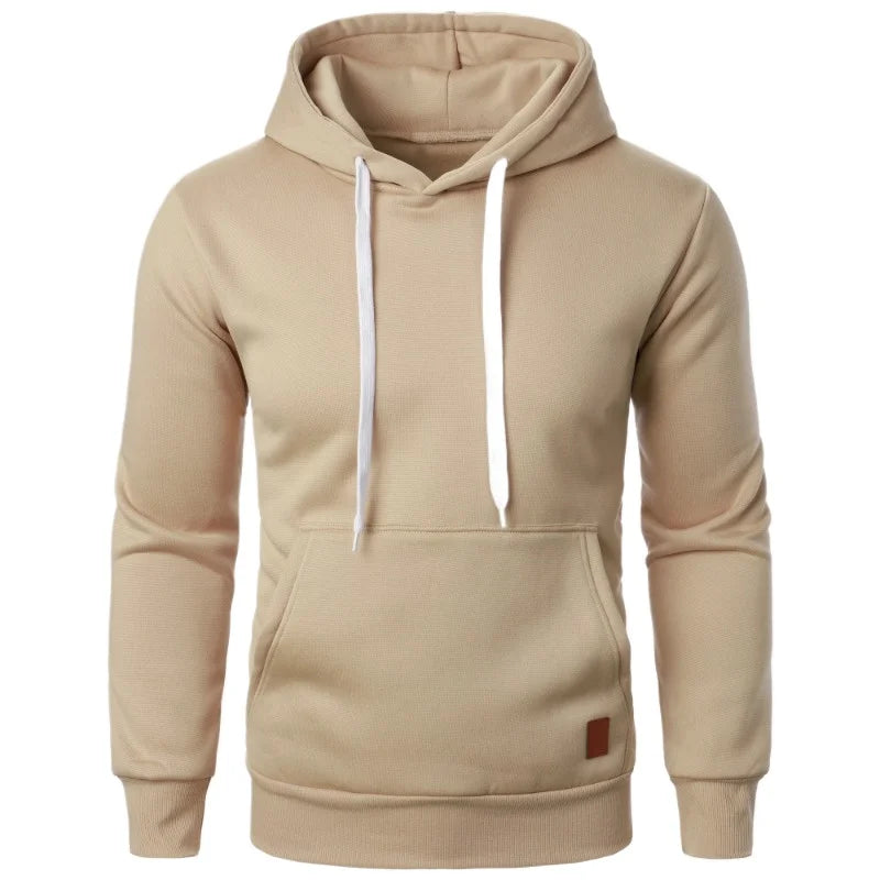 Moletom casual masculino com capuz e cordão, blusa de manga comprida, moda urbana para atividades ao ar livre, cor sólida, leve