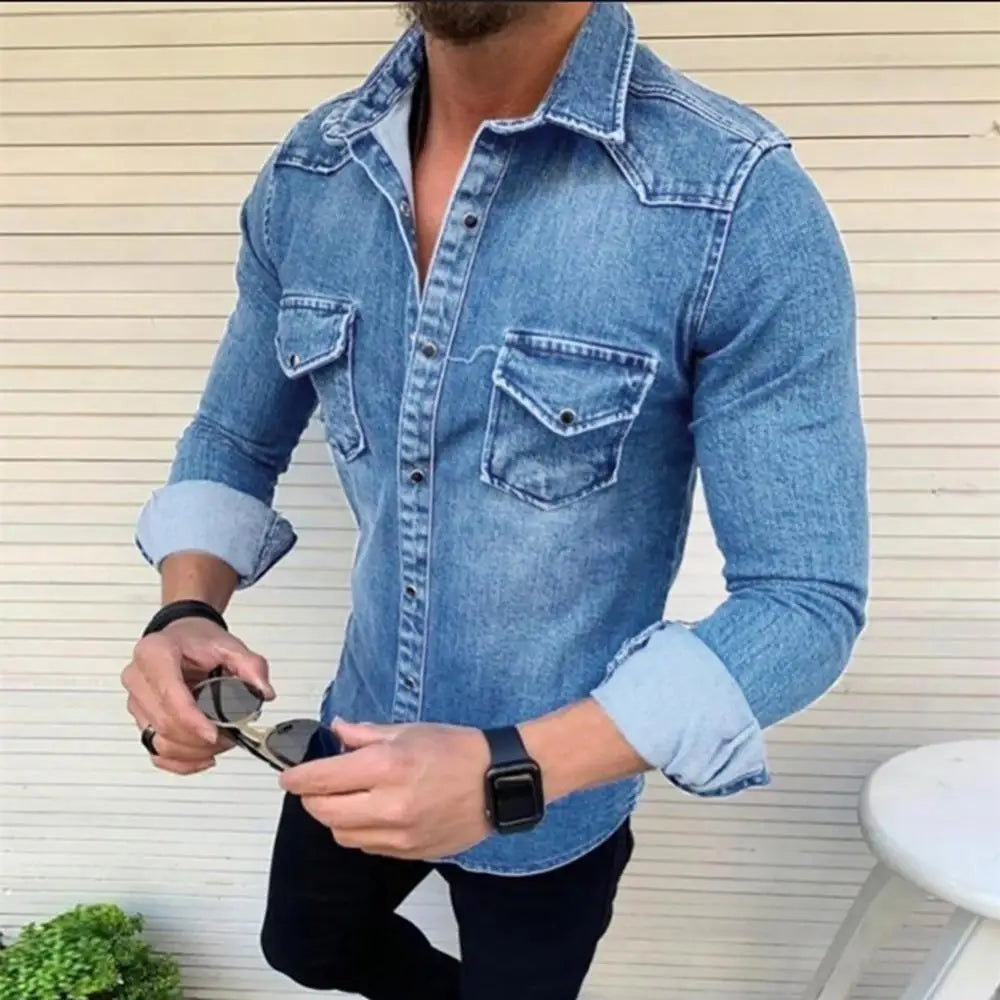 Camisas jeans masculinas de manga comprida, camisas casuais de abotoamento simples