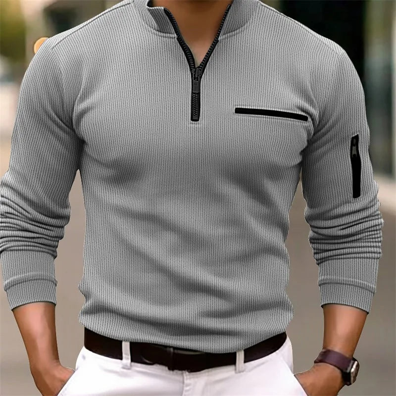 Camisa polo leve luxuosa masculina, esportiva, estilo retrô, listrada, com zíper, manga longa