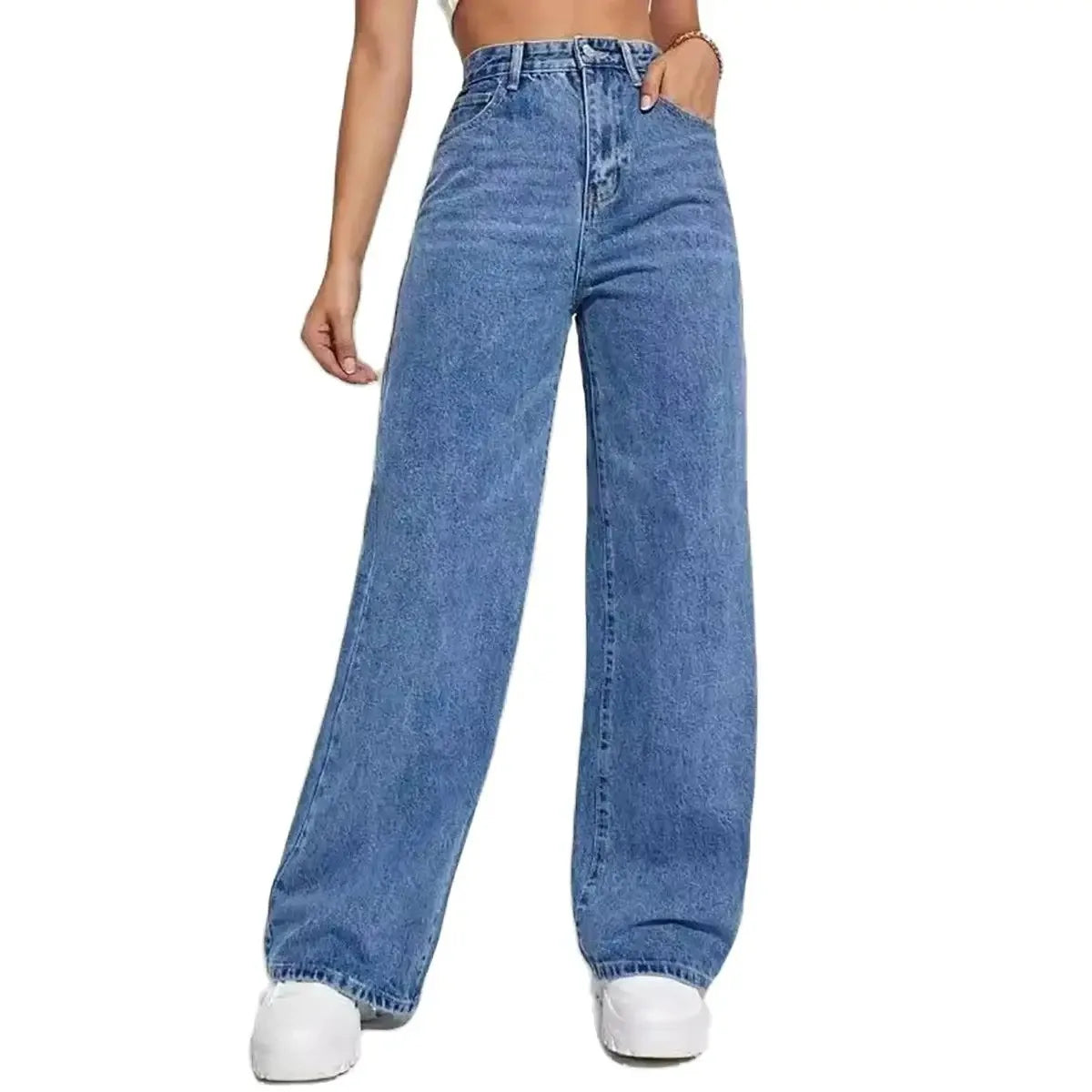 Calça jeans azul retrô da moda feminina, modelo Y2K, calça reta larga de cintura alta