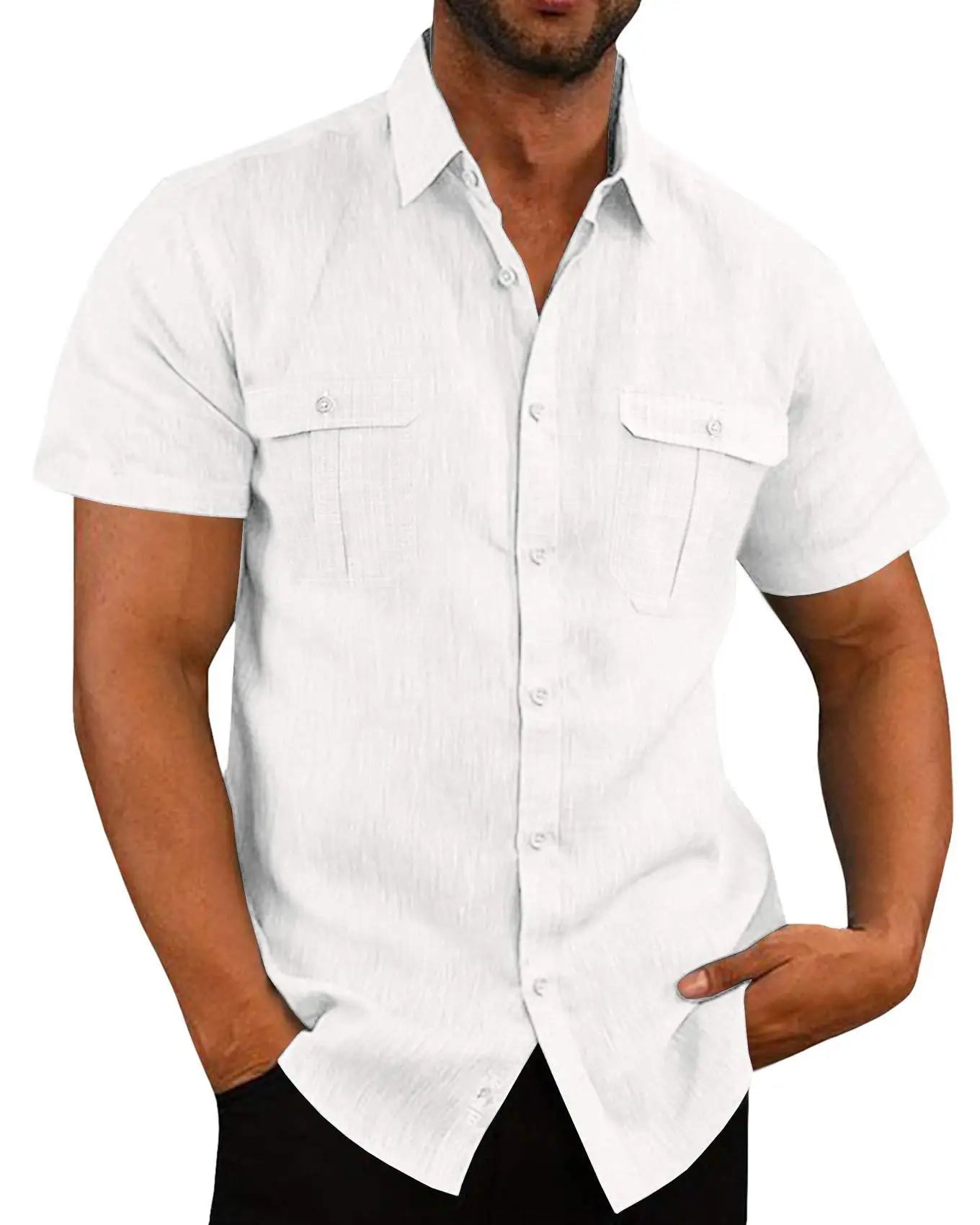 Camisas masculinas de manga curta, de algodão e linho, cor sólida, gola alta, casual