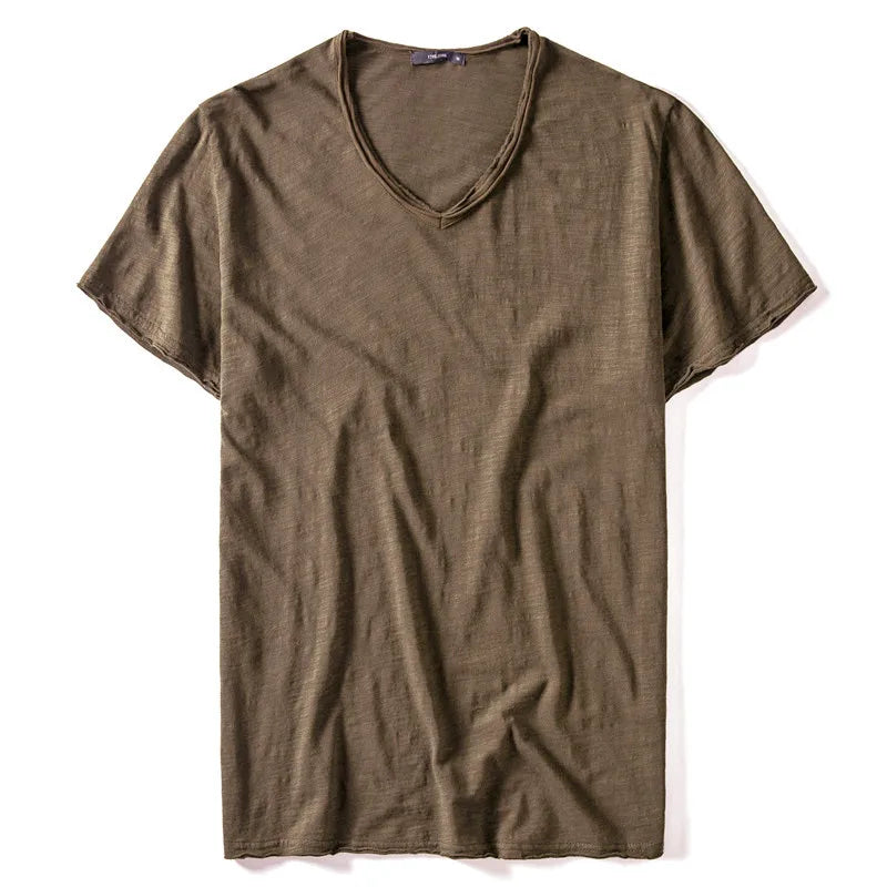 Nova camiseta masculina de verão 2025, gola V, 100% algodão penteado, manga curta