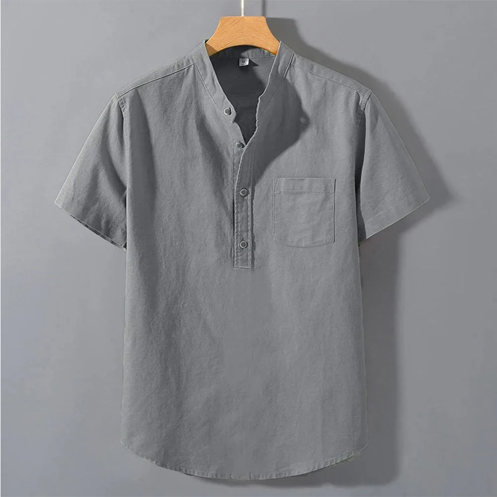 Camiseta masculina de verão, manga curta, cor sólida, com design de bolso, botões, uso diário, estilo simples e confortável