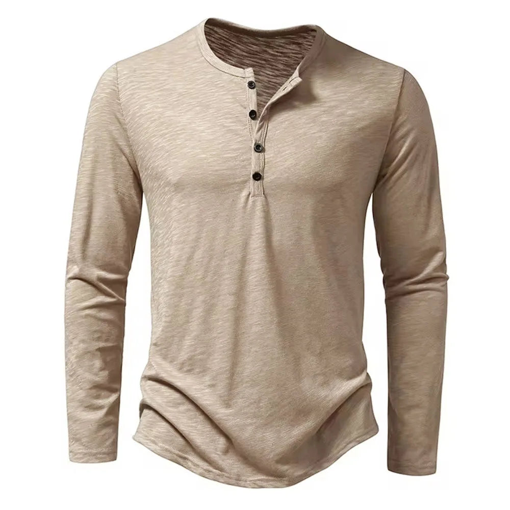 Camiseta masculina de algodão com botões, manga comprida, gola Henley, casual, cor sólida, respirável, versátil, fashion, slim