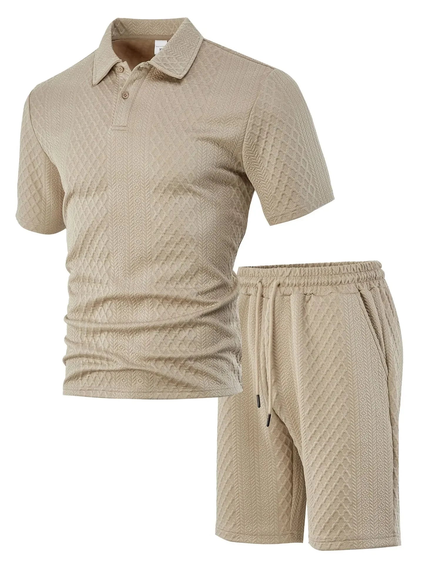 Novo conjunto de 2 peças de camisa polo esportiva fina masculina com estampa geométrica europeia de verão e tecido jacquard, manga curta e shorts